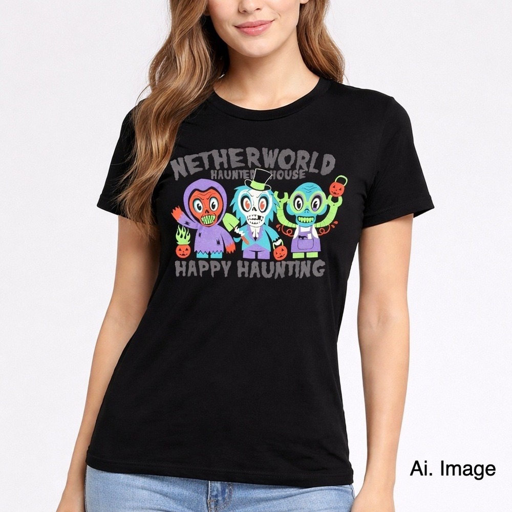 Netherworld Haunted House Happy Haunting Black‎ Graphic Tee Y-Lg. Zombie Kitsch
